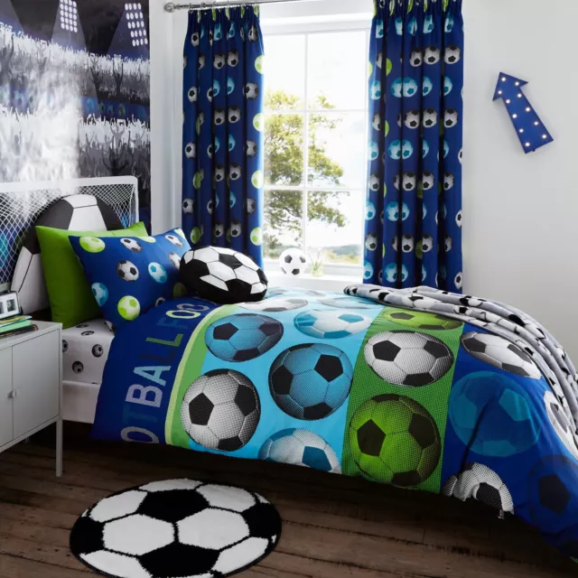 Football Childrens Duvet Cover Set Blue Green Kids Bedding & Curtains