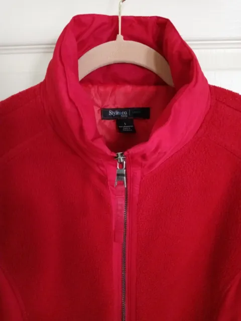 Style&Co Sport Womens Petite Lg Red Long Sleeve Fleece Jacket Zip Up Hidden Hood