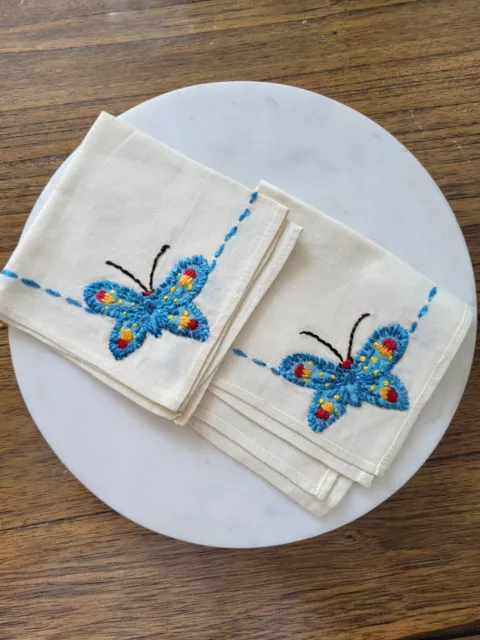 Vintage Blue Butterfly Embroidered Handkerchief Set Of 2