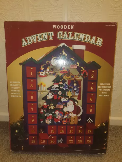 SANTA'S WORKSHOP WOOD ADVENT CALENDAR 22" Christmas mini charm ornaments RARE