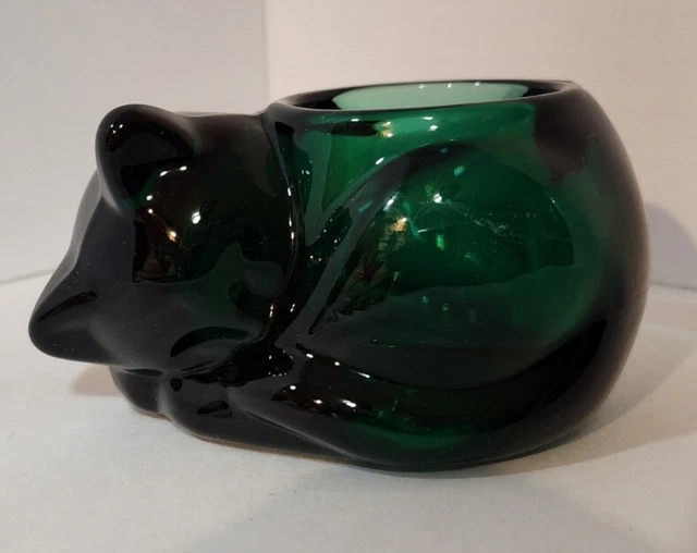 Indiana Glass Emerald Green Sleeping Cat Votive Candle Holder/ Paperweight