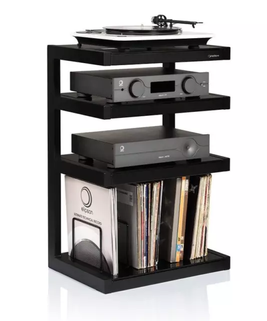 Norstone Esse HiFi Rack mit schwarzen Glasregalen & Vinylaufbewahrung