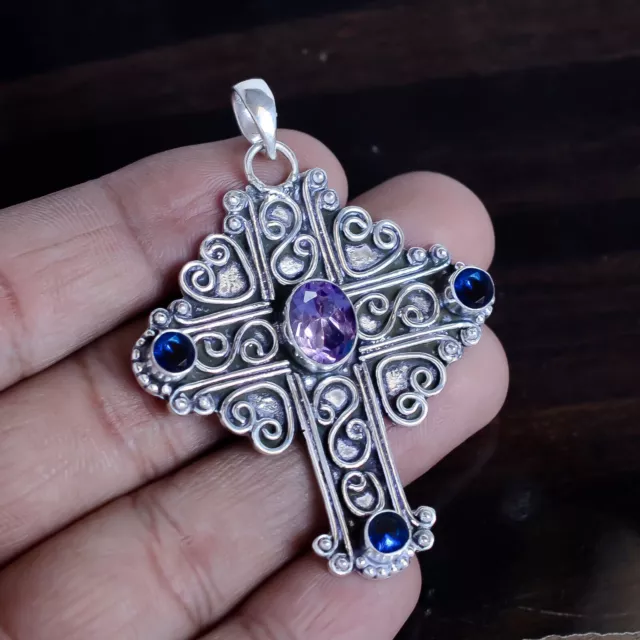 Améthyste violette, pendentif coupé en tanzanite bleue 925 croix faite à la...