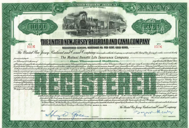 USA UNITED NEW JERSEY RAILROAD & CANAL BOND stock certificate 1924