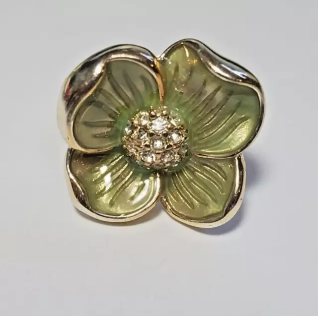 Vtg Avon Flower Ring Garden Beauties Sz 8 Rhinestones Silver Tone Green Enamel