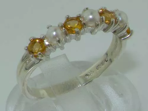 Solid 925 Hallmarked Sterling Silver Natural Pearl & Citrine Eternity Ring