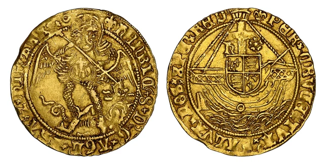 England Henry VIII. (1544-47)-(Lis) AV Angel. NGC AU55. SCBC-2299; Fr.-168
