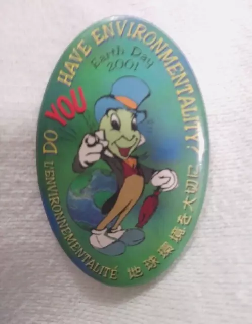 Disney Jiminy Cricket Pin Button Earth Day 2001 Environmentality Oval 2-3/4" T