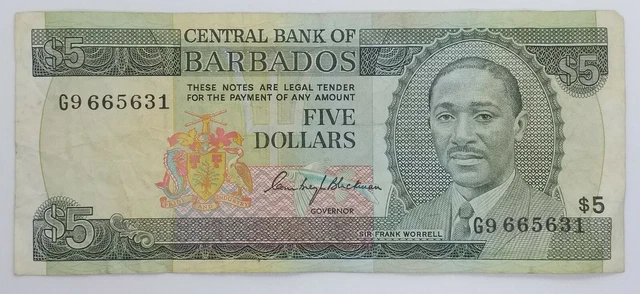 1975 - Central Bank Of Barbados - 5 Dollars Banknote, Serial No. G9 665631