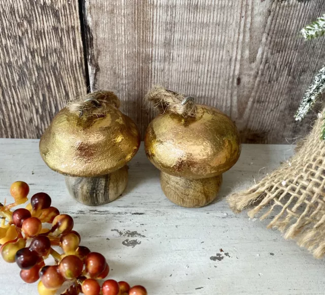 Set Of 2 Copper Mango Wood Copper Toadstool Christmas Tree Bauble Decorations