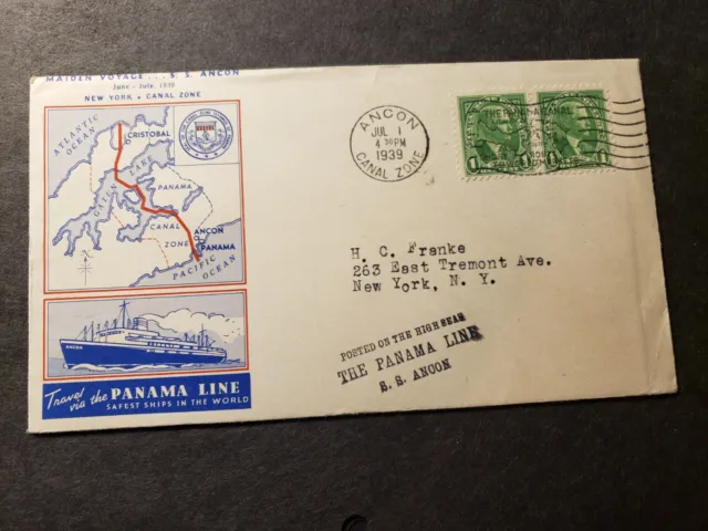Ship SS ANCON, Panama Line Naval Cover 1939 MAIDEN VOYAGE Cachet CANAL ZONE