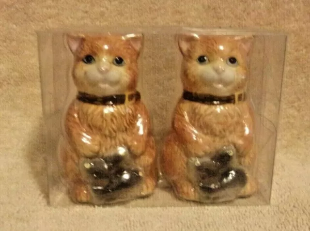 Cib Porcelain Tabby Cat With Fish Salt & Pepper Shaker Set New In Box 2