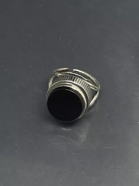 VTG BEAU Signed Sterling Silver 925 Round Black Onyx Ring Sz 5 Adjustable 4.75g