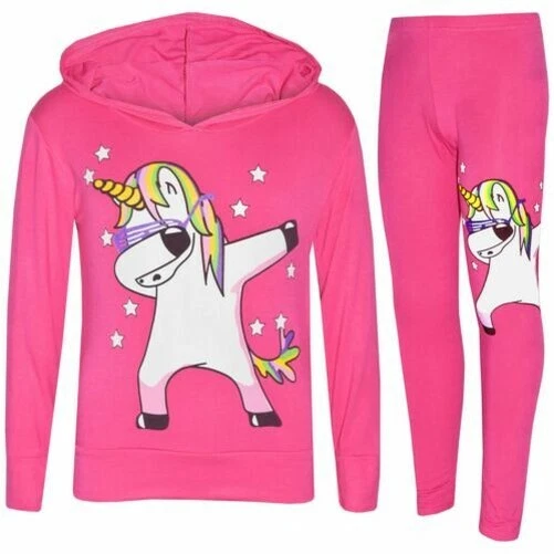 Bambine Arcobaleno Unicorn DAB Floss Rosa con Cappuccio Top Legging Set Tuta 7-1