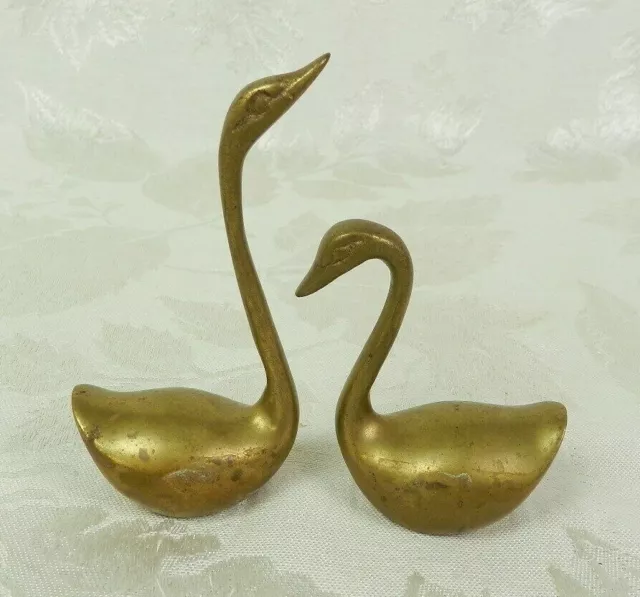 Pair of Solid Brass Ducks Geese Goose Swan Bird Figurines 4" H Russ Korea