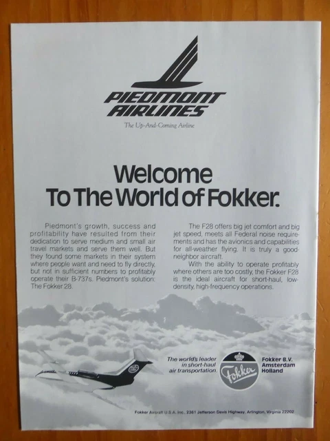 10/1983 Pub Fokker F28 Aircraft Piedmont Airline Original Ad