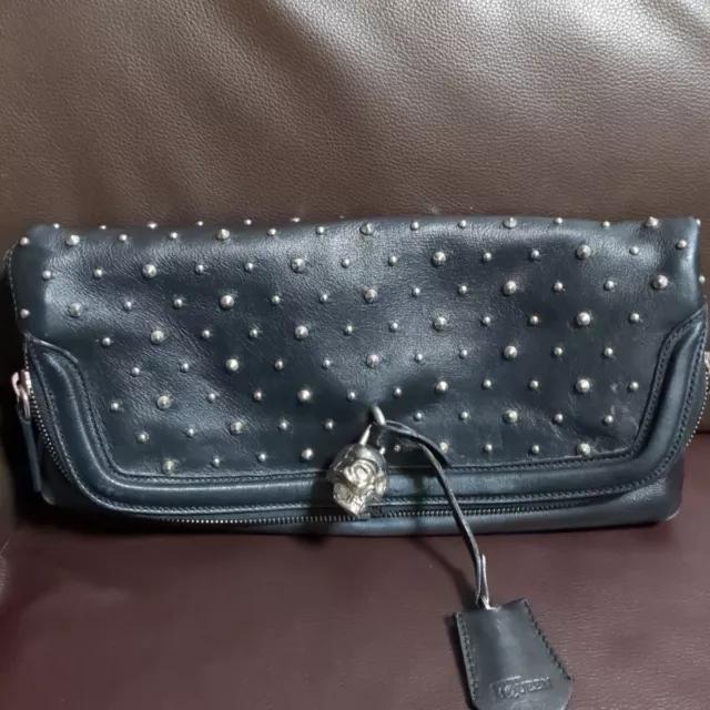 Alexander McQueen McQ Black Leather Clutch Handbag Skull Charm Studs Used
