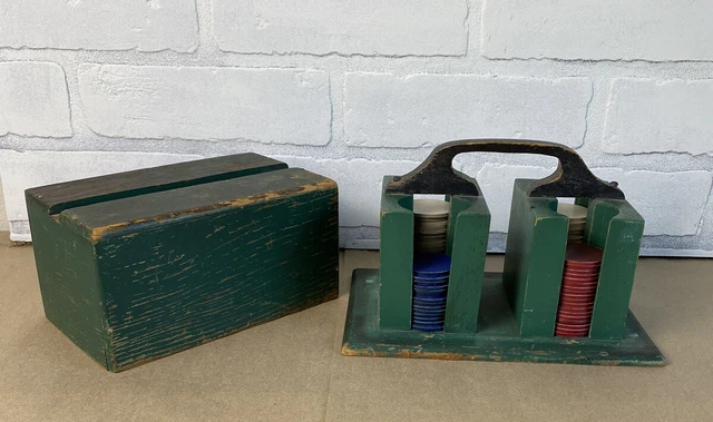 Antique Wooden Poker Chip Caddy, Cardboard Chip Set Red White Blue