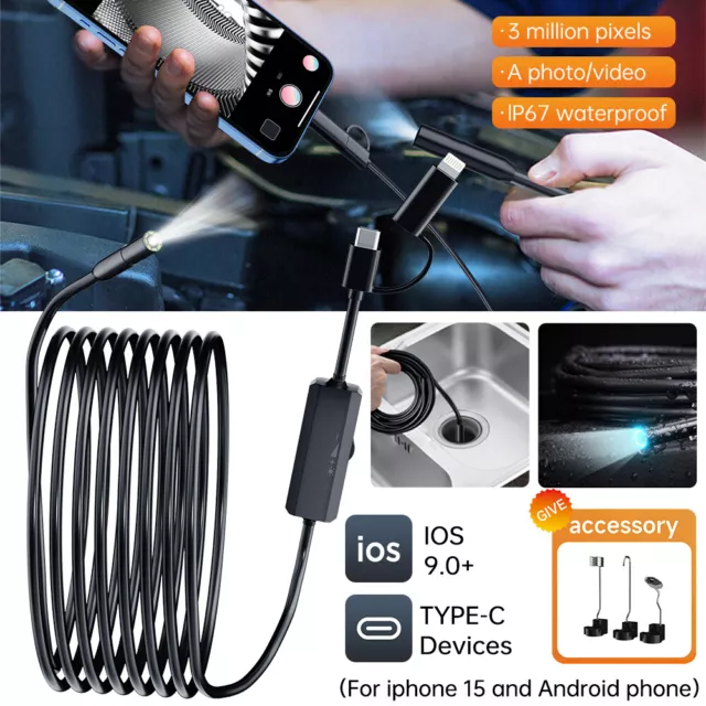 8mm 2M/5M/10M 1440P Snake Inspection Camera Borescope Endoscope 8LED Waterproof 2