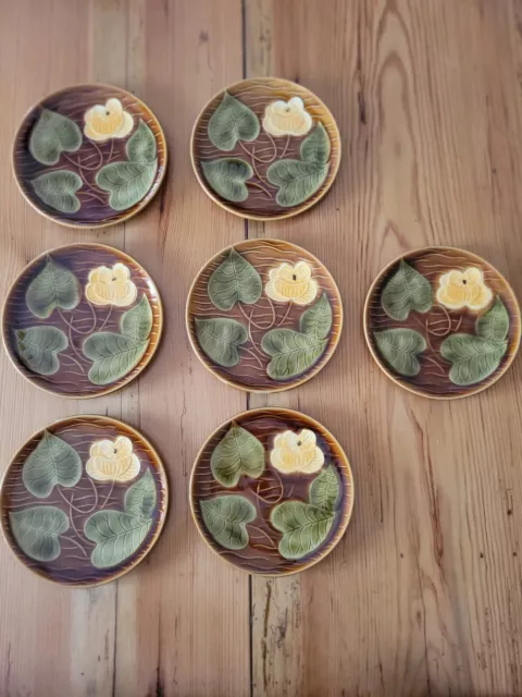 7 Anciennes Assiettes A Dessert Barbotine Sarreguemines Marron Fleurs 🍃