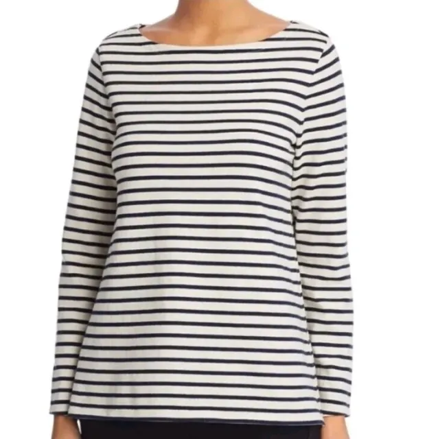 Eileen Fisher Organic Cotton Cream Navy Long Sleeve Striped A Line Top XS