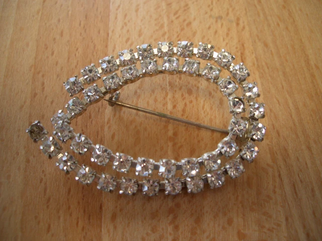 Grande Broche Ancienne Avec Strass - Alliage Argenté - Bijou Vintage De Collection