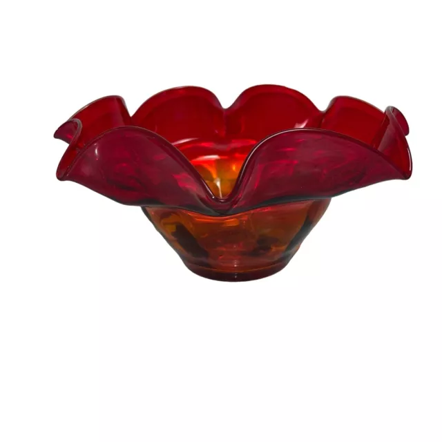 Blenko Vintage Amberina Ruffle Bowl Red Size Large Mid Century Modern MCM Orange