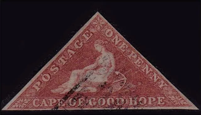 CAPE GOOD HOPE 1853 1d BRICK-RED TRIANGLE 3 MGN VERY LIGHT CANCEL. SG3 Cat £350