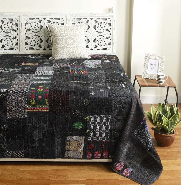 Indian Silk Kantha Quilt Handmade Sari Patchwork Bedspread Blanket Throw