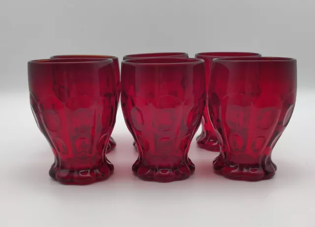 Set of 6 Fenton Ruby Red Rayed Tumblers Thumbprint Paneled Scalloped Base 4 1/8"