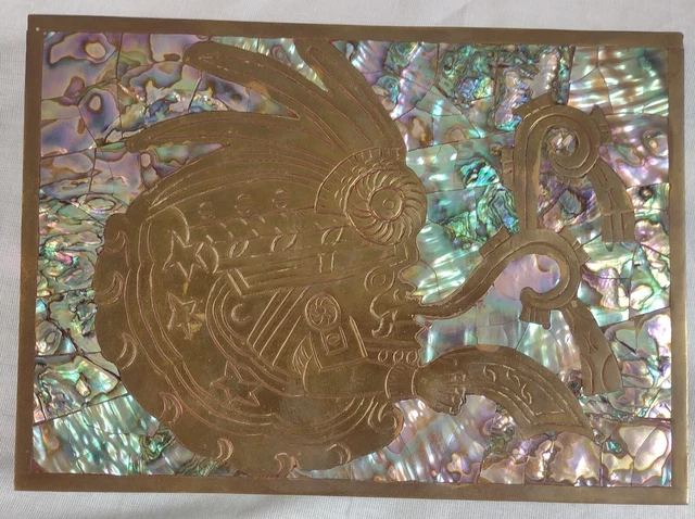 Vintage Mexican Abalone And Brass Aztec Box