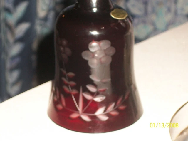 Vintage AA Importing Co. Glass Bell Burgundy Color Etched Flowers 5" Tall