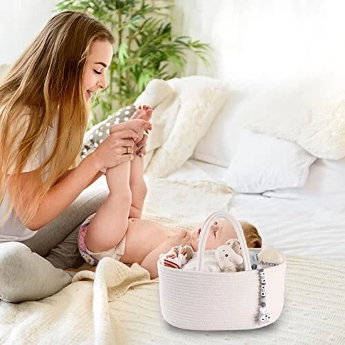 Baby Diaper Caddy Organizer, Cotton Rope Nursery Storage Bin Basket Tote Bag 3