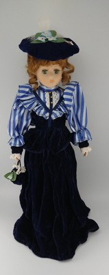 Porcelain Doll 16" Blue Green Eyes Red Hair Hat-Purse Lovely Blue Dress Vintage