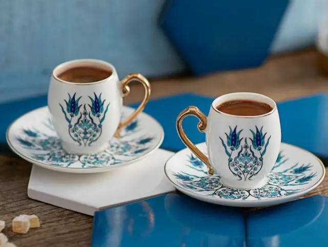 SET OF 2 Turkish Porcelain Coffee Cups & Saucers 3oz Demitasse Set Small Teacups