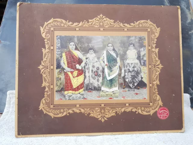 1940s Vintage Black & White Hand Colored 2 Ladies 2 Child Saree Dated Photograph