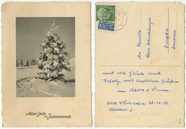 34815 - snowed fir - New Year - postcard, run Bad Wörishofen 28.12.1955