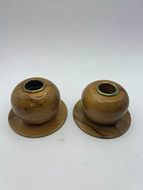 A Pair of Short Myrtle Wood Candlestick Holders Brass Inserts MCM Decor