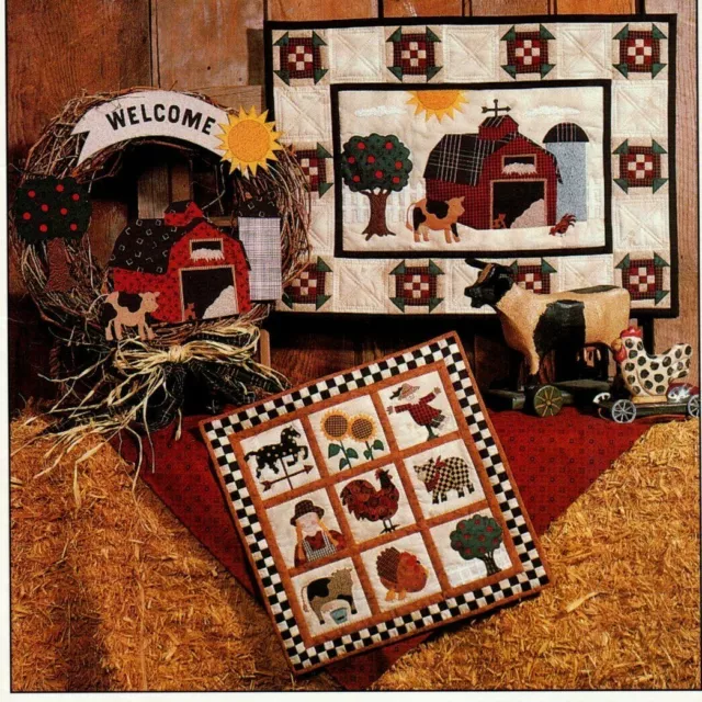 Down On The Farm Wall Quilt Pattern Banner Primitive Country Wreath Animals