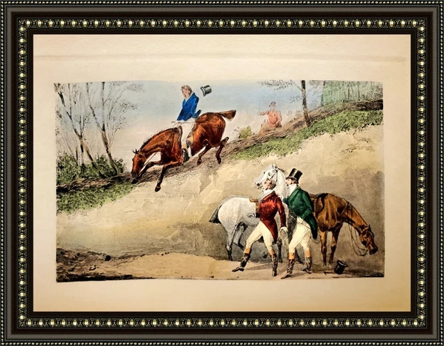1800s Antique Equestrian Watercolor Woodcut Etching Bookplate Print Henry Alken
