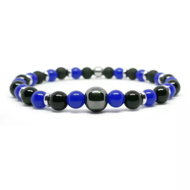 Bracciale Inter Nero Azzurro Ematite con Perle braccialetto Elastico Uomo Donna