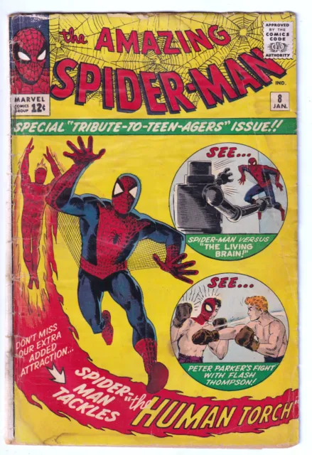 AMAZING SPIDER-MAN 8 (1964) 1st Living Brain; FF Appears; GOOD+