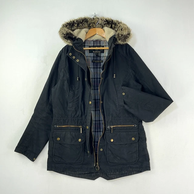 BARBOUR KELSALL WAX Jacket Womens 12 Green Waxed Hooded Outdoor