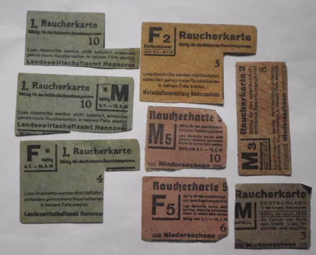 8 x Raucherkarten Niedersachsen u. Hannover, 1946 bis 1948.