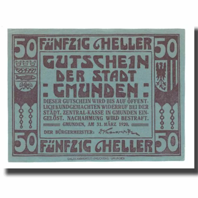 [#669978] Banknote, Austria, Gmunden O.Ö. Stadt, 50 Heller, paysage, 1920, 1920-
