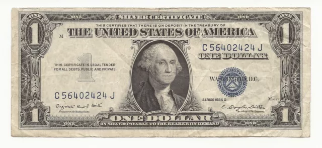 1935-G $1 Dollar Bill Silver Certificate Note W/O MOTTO FREE SHIPPING VG/FINE