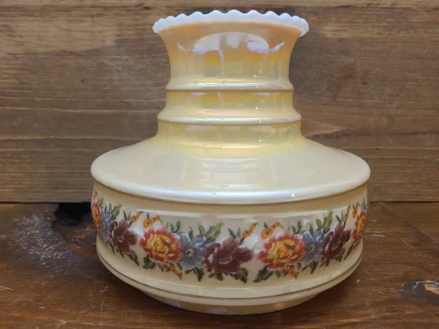 Vintage Oil Lamp Shade Iridescent Yellow W/Hand Painted Flowers