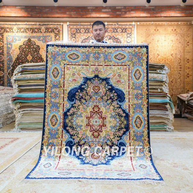 4x6ft Blue Silk Medallion Rugs Luxury Handmade Carpets Hand knotted ZQG517A