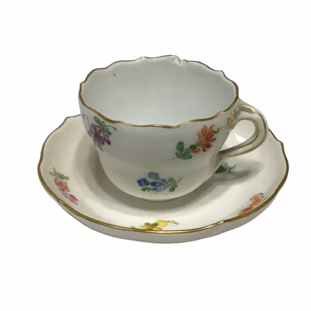 Meissen Floral Flowers Tea Cup & Saucer Scalloped Edge Crossed Swords Gold Trim