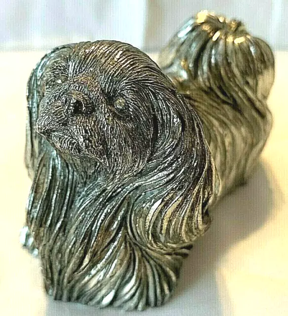 Unique Vintage Silver Cast Lhasa Apso Dog Figurine Size 4 X 3 Inches